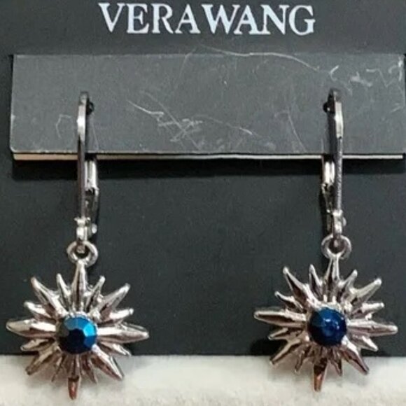 VERA WANG Celestial Starburst Silver/Blue Iridescent Crystal Lever Back Earrings - Picture 3 of 3